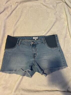 Motherhood Maternity Medium Blue Denim Maternity Shorts with Navy Stretch Panels
